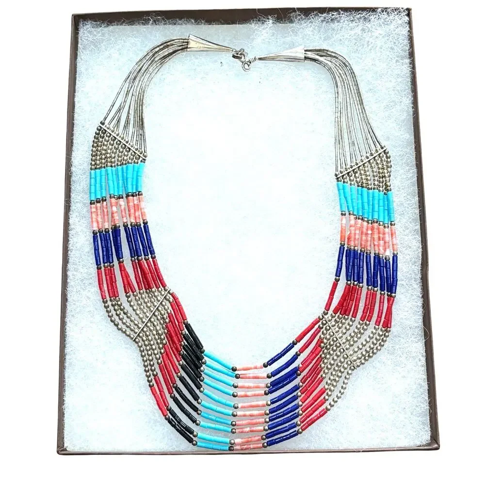 Sterling Silver beaded multistrand bib necklace southwestern gemstones signed